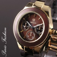 Montre fashion bracelet siliconé chocolat et cadran doré XL 4 cm