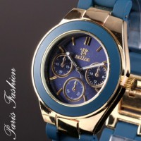 Montre fashion bracelet siliconé bleu pétrole et cadran doré XL 4 cm